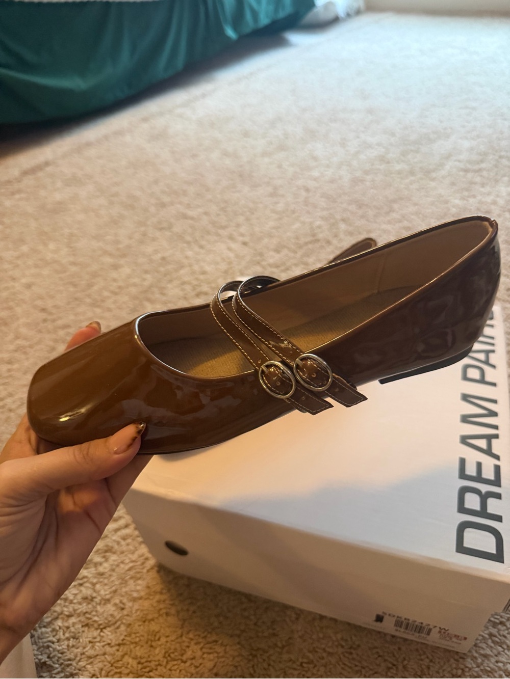 Brown Patent Mary Jane Flats with Double Straps